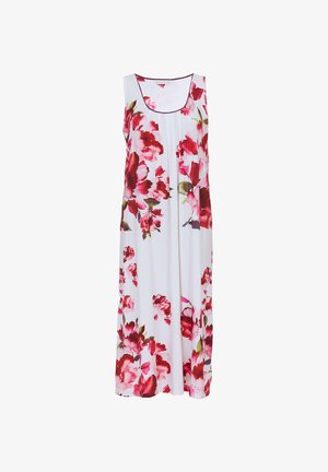 Robe maxi sans manches blanche avec de grands motifs floraux rouges et roses, un col rond et un détail plissé à l'avant.