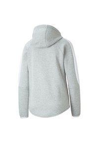 Sweat à capuche gris clair avec manches longues, ourlet arrondi et un détail de couture sur le dos et les épaules, vu de dos.
