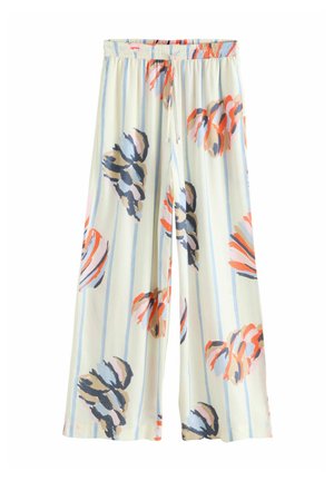 Lightweight, patterned wide-leg pants with a drawstring waistband. Features blue and coral floral motifs on a cream backdrop with vertical stripes.