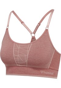 Sportbh i dammrosafärg, tillverkad av strukturerad tyg. Har ett geometriskt mönster på framsidan och justerbara korsryggremmar.