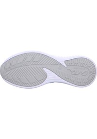 Suola di scarpa sportiva bianca con una superficie in gomma grigia testurizzata, caratterizzata da un motivo a onda e scanalature accentuate per migliorare la presa e la stabilità.