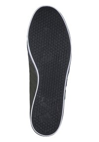 Suola di scarpa in gomma nera con motivo a battistrada circolare, profilo bianco e accenti laterali grigi. Presenta un logo Adidas vicino all'area del tallone.