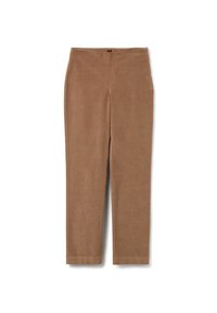 Brown corduroy pants with a smooth texture, straight-leg design, elastic waistband, and side pockets. No visible hardware or embellishments.