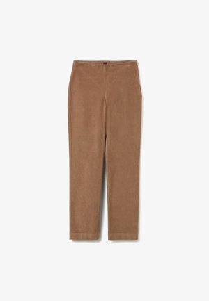 Pantalons en velours côtelé marron avec une texture lisse, design à jambe droite, taille élastique et poches latérales. Pas de matériel visible ni d'ornements.