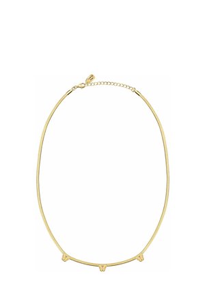 Goldene Halskette mit drei kleinen Pantherkopf-Anhängern, gleichmäßig vorne verteilt, und einem verstellbaren Verschluss mit einem Herzanhänger.