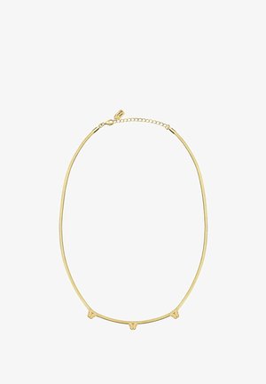 Goldene Halskette mit drei kleinen Pantherkopf-Anhängern, gleichmäßig vorne verteilt, und einem verstellbaren Verschluss mit einem Herzanhänger.