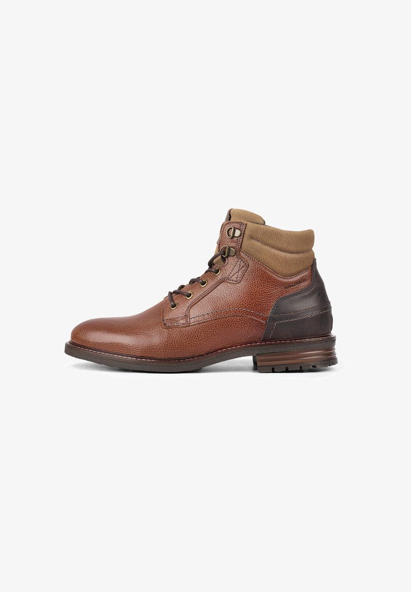 Stivaletto in pelle marrone con finitura strutturata, colletto in nylon beige a contrasto, accenti marroni, design con lacci e suola in gomma.
