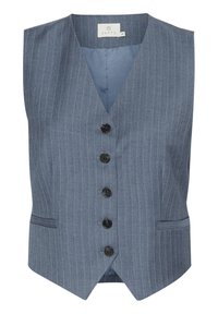 Gilet blu a righe sottili con scollatura a V, dotato di cinque bottoni neri e tasche laterali. Realizzato in un tessuto testurizzato, interno non foderato.
