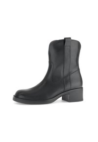 Black leather ankle boot with a low block heel and pull tab, sleek design, and stitched detailing along the sides.