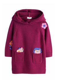 Magenta gestricktes Hoodie-Kleid mit einer gemütlichen Kapuze. Verfügt über zwei strukturierte Taschenapplikationen mit Tierdesigns und floralen Stickereien.