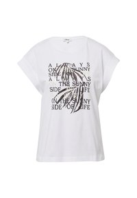 Witte katoenen t-shirt met korte, opgerolde mouwen. Heeft een zwart-gouden grafische print met tekst en een bladerenontwerp in het midden.