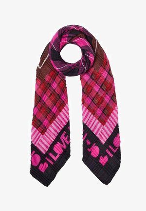 Écharpe à carreaux rose, rouge et marron avec une bordure noire, ornée du mot « LOVE » et de cœurs en rose vif.