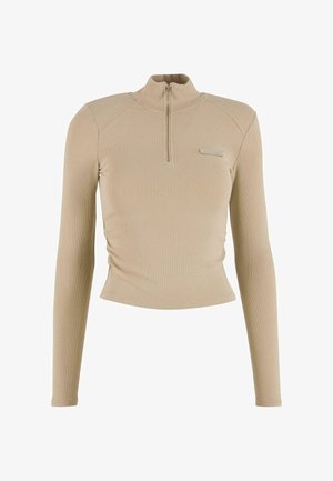 Bluză bej cu mânecă lungă, guler înalt și fermoar pe jumătate. Prezintă un design ajustat și o textură discretă în dungi. Logo mic accent pe partea din față.