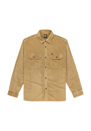 Light brown corduroy shirt featuring a button-up design, two front pockets, and long sleeves with buttoned cuffs.