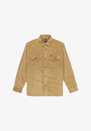 Light brown corduroy shirt featuring a button-up design, two front pockets, and long sleeves with buttoned cuffs.