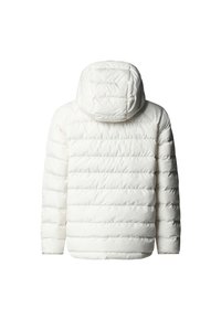 Λευκό μπουφάν φουσκωτό με κουκούλα, με οριζόντια ραμμένη υφή, μικρό λογότυπο στον αριστερό ώμο και ελαστικά τελειώματα στα μανίκια.