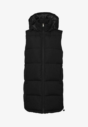 Gilet rembourré noir avec une fermeture éclair à l'avant, une capuche et des panneaux cousus pour l'isolation. Léger avec des cordons de serrage réglables à la capuche.