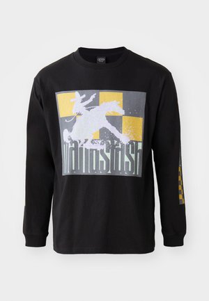 Black long-sleeve t-shirt featuring a large graphic of a rider on a horse over a gray and gold checkered background. Cotton material, standard fit.
