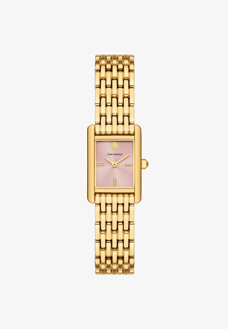 Montre rectangulaire dorée avec un cadran rose, dotée d'un bracelet à maillons texturé et d'un logo sur le cadran. Indicateurs d'heure simples.