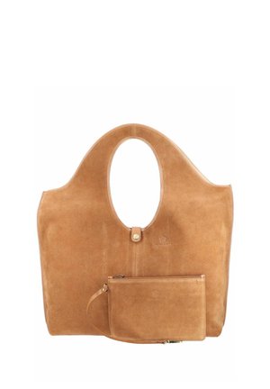 Tan ruskindstaske med store ovale håndtag og en matchende aftagelig lynlåspung fastgjort foran.
