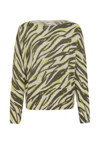 Langärmeliger Strickpullover mit einem abstrakten Muster aus grünem und grauem zebraähnlichem Streifen auf einem beigen Hintergrund.