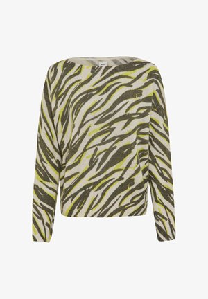 Langærmet strikket trøje med abstrakte grønne og grå zebra-lignende striber på en beige baggrund.