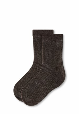 Paire de chaussettes montantes côtelées marron foncé avec une texture subtilement scintillante, posées à plat sur un fond blanc.