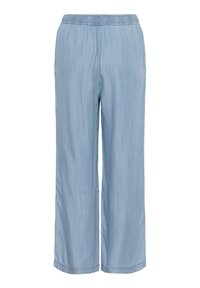 Pantalon large bleu clair avec taille élastique, fabriqué en tissu léger, présenté sur fond blanc.