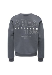 Sivkasta pulover s kroja in rebrastimi zapestji. Zadaj je velik napis: "AREA VASASTAN 11336" z manjšim napisom spodaj. Gladka tekstura.
