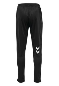 Czarne spodnie sportowe wykonane z gładkiego, lekkiego materiału, z białym wzorem w zygzak na lewej nodze i elastycznym pasem.