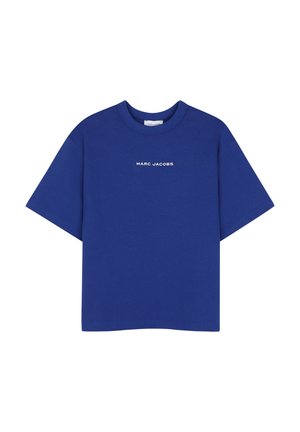 T-shirt bleu à manches courtes avec col rond et "MARC JACOBS" imprimé en petites lettres blanches centré sur la poitrine.