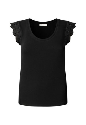 Melnas krāsas sieviešu bezrokas tops ar apaļu izgriezumu un mežģīņu izgriezumu volānu piedurknēm.