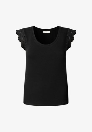 Top senza maniche da donna nera con scollo rotondo e maniche a volant in pizzo traforato.