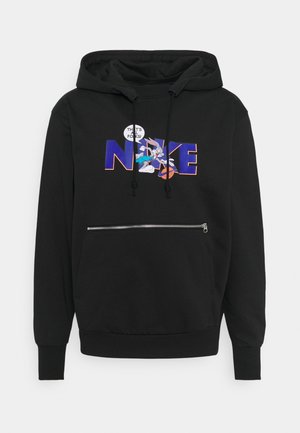 Sweat à capuche noir avec poche zippée à l'avant, arborant Bugs Bunny jouant au basketball intégré dans le texte "NIKE" en violet et orange, avec une bulle de dialogue disant "C'est tout, les amis !"