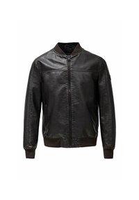 Bruine leren bomberjack met een ritssluiting aan de voorkant, geribbelde kraag en manchetten, en platte naden. Heeft zijzakken en een glad, gestructureerd oppervlak.