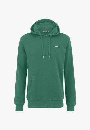 Grøn bomulds hoodie med en front kangaroo-lomme, snøre i hætten og et lille broderet logo på brystet. Blød tekstur, afslappet design.