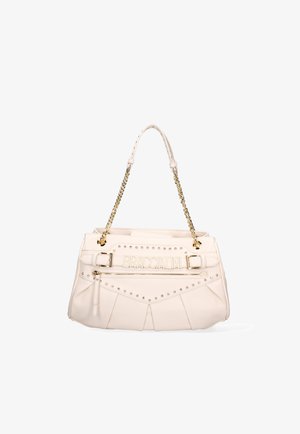 Borsa a mano in pelle color crema con tracolla a catena dorata, tasca con cerniera frontale, borchie decorative e logo BRACCIALINI in rilievo sul pannello frontale.