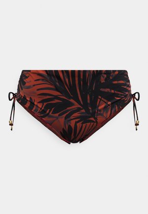 Bikinibroekje met hoge taille met roestbruine en zwarte tropische bladprint, zijstrikjes met gouden kralenaccenten op een witte achtergrond.