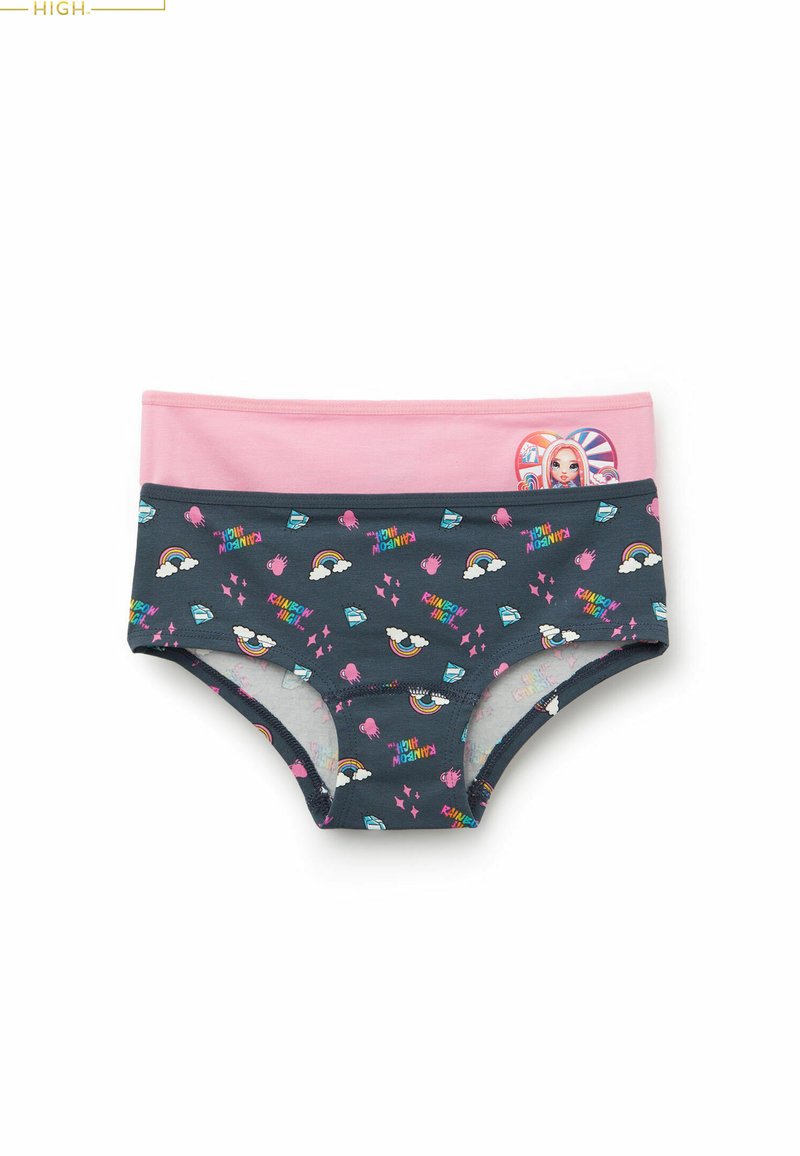 Zwei Paare Mädchenunterwäsche: eine rosa, eine marineblau mit bunten strandthemenartigen Mustern, darunter Regenbögen und Eistüten.