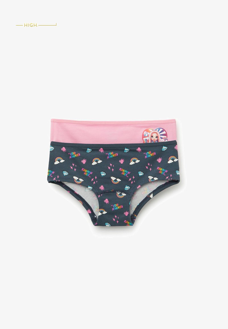 Zwei Paare Mädchenunterwäsche: eine rosa, eine marineblau mit bunten strandthemenartigen Mustern, darunter Regenbögen und Eistüten.