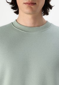 Sweatshirt verde deschis, cu un guler rotund fixat și textură moale, având o distribuție uniformă a culorii și detalii minime.