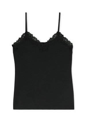 Zwart camisole-topje met dunne schouderbandjes en kanten afwerking langs de V-hals en bovenste randen.
