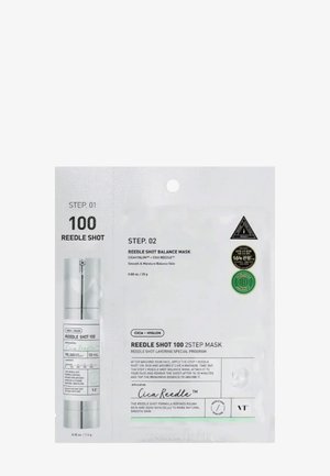 Two-step mask package featuring a silver pump dispenser and white textured backing. Text details efficacy, applications, and ingredients.