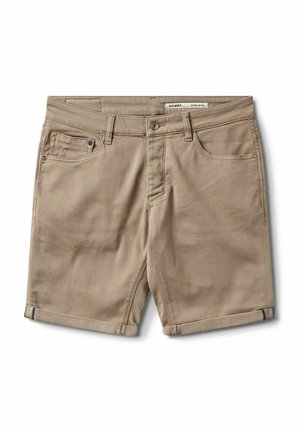 Beige shorts made of cotton with five pockets, button closure, cuffed hem, and contrasting blue accent at the cuffs.