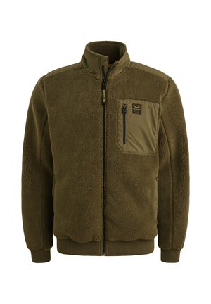 Fleecejacke in Olivgrün mit einem Reißverschluss vorne, hohem Kragen, elastischen Bündchen und einer Brusttasche mit einem kontrastierenden Stoffeinsatz.