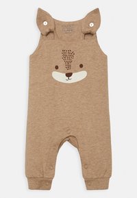 Brun babydragt med bjørneansigtstryk på forsiden, knaplukninger ved håndledene og knaptryk ved skuldre og skridtet for nem påklædning.
