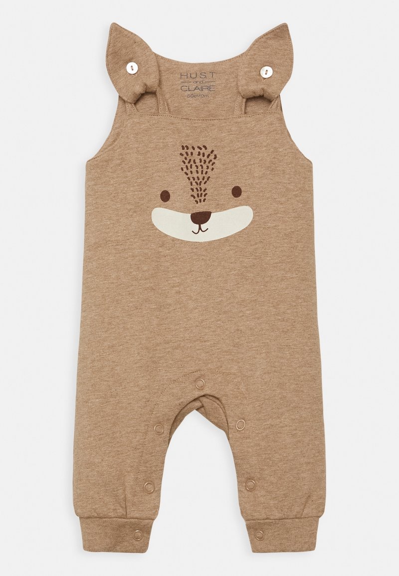 Brun babydragt med bjørneansigtstryk på forsiden, knaplukninger ved håndledene og knaptryk ved skuldre og skridtet for nem påklædning.