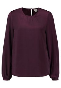 Blouse prune à manches longues avec encolure ronde, légères fronces au niveau du devant, fermeture à boutons au dos du cou et poignets recouverts.