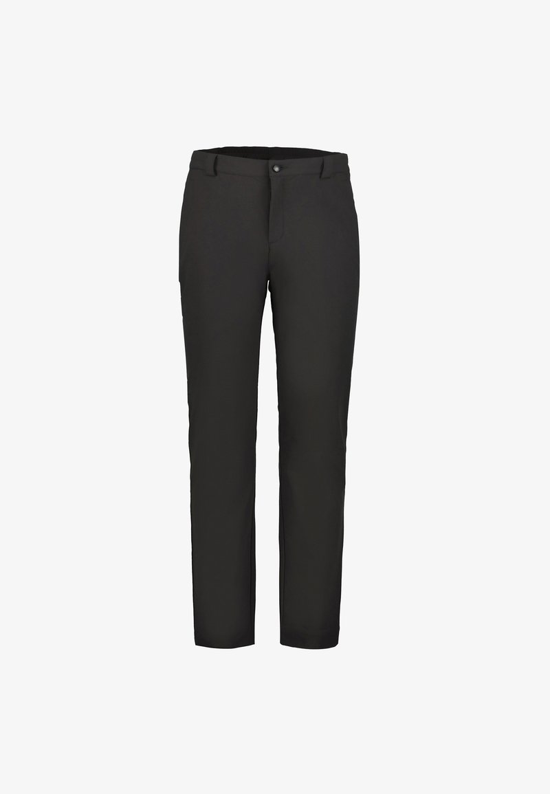 Zwarte broeken gemaakt van zacht materiaal, met een rechte pijpdesign, een verborgen knoopsluiting aan de voorkant en riemlussen. Minimalistische stijl zonder patronen.