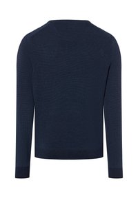 Dunkelblauer Strickpullover mit strukturiertem Muster, langen Ärmeln und gerippten Bündchen. Verfügt über einen Rundhalsausschnitt und eine lockere Passform.